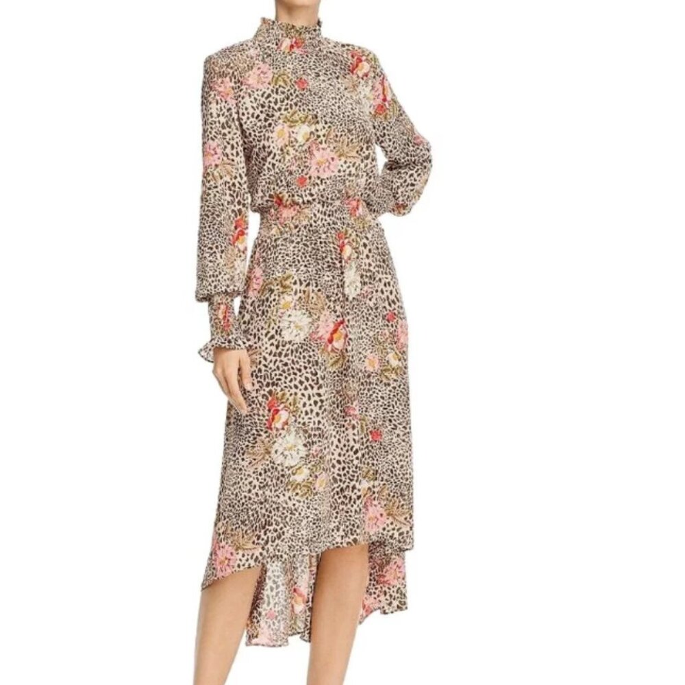 ❤️ NANETTE LEPORE CHEETAH AND FLORAL MAUVE MOCHA BROWN MIDI DRESS SZ 10